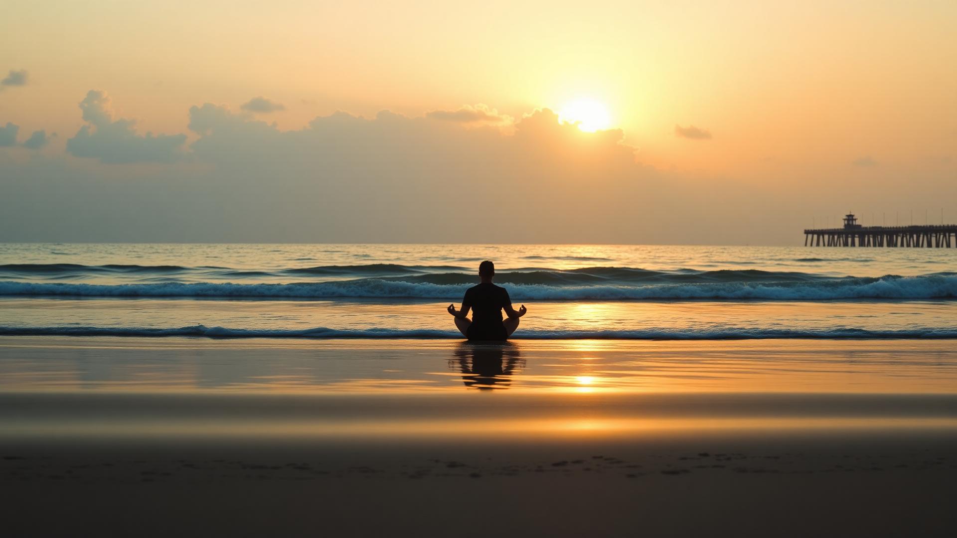 A person meditating on a beach at sunrise, facing the ocean and a distant pier